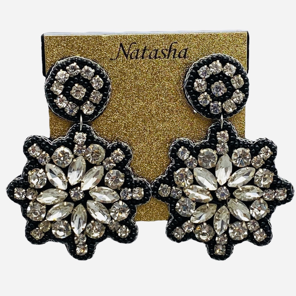 Nwt Natasha Bold SnowflakeFloral Clear Rhinestone Black Beaded Drop Earrings 15$